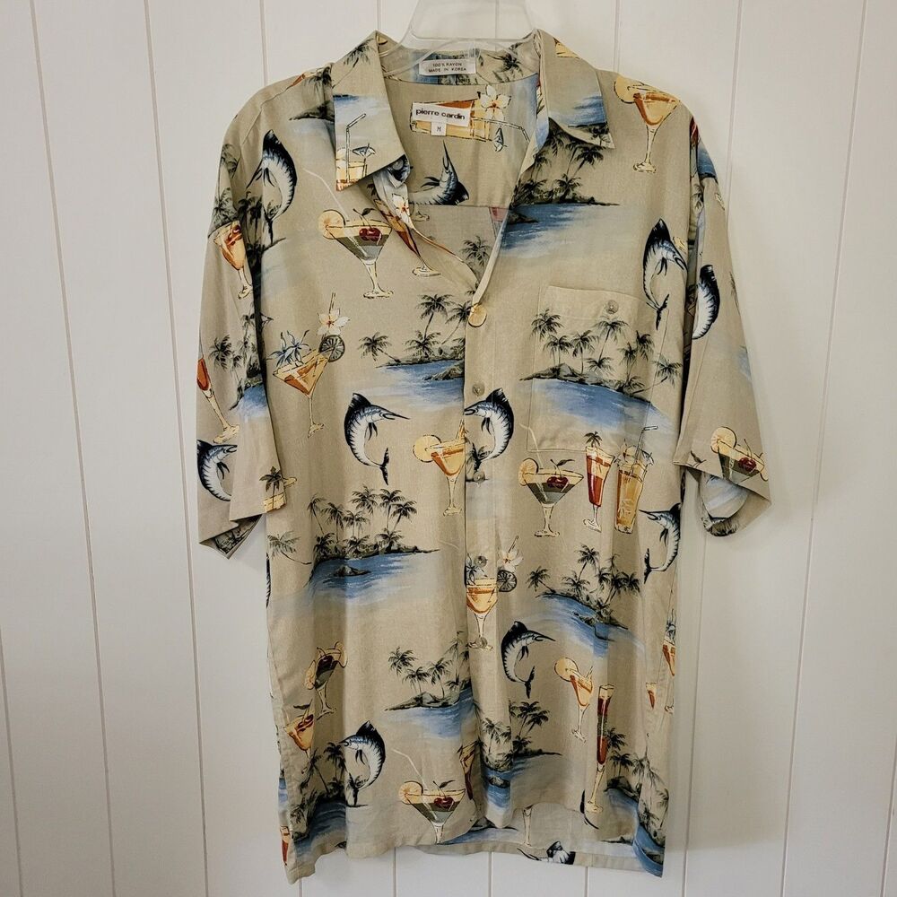 Pierre Cardin Mens Shirt Sz M Tropical Vacation Short Sleeve Button Up Dad Camp